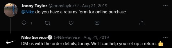 Customer service example by Nike