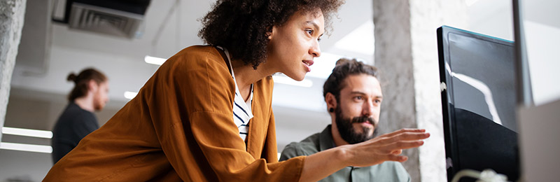 Female entrepreneur speaking with an employee of a nonprofit at their computer. Chatting about planning for nonprofit donors.