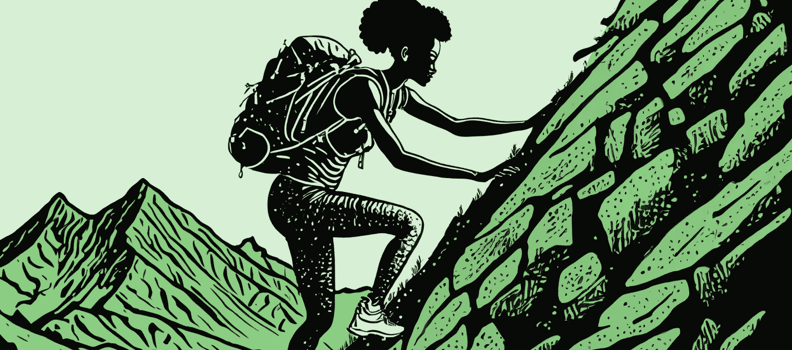 Determined female African-American entrepreneur scaling a mountain while wearing a large backpack. Represents the journey to starting and growing a business and needing to write a business plan to get there.